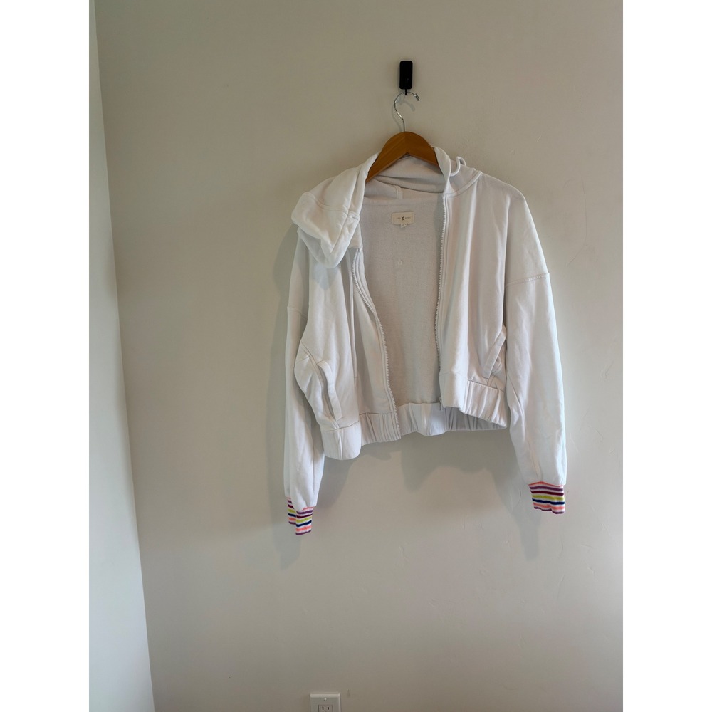 Lou & Grey White Zip Up Hoodie Rainbow Striped Cuffs Cropped Sweatshirt Womens M